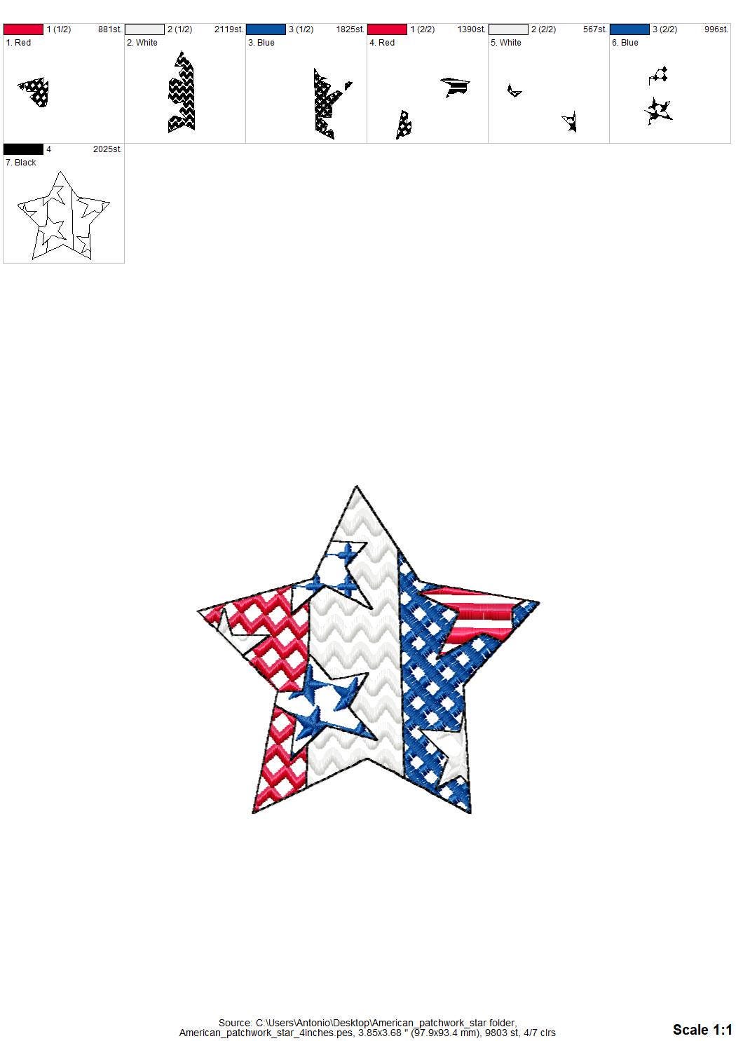 Patchwork Patriotic Star outline US flag stars and stripes patterned