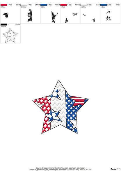 Patchwork Patriotic Star outline US flag stars and stripes patterned