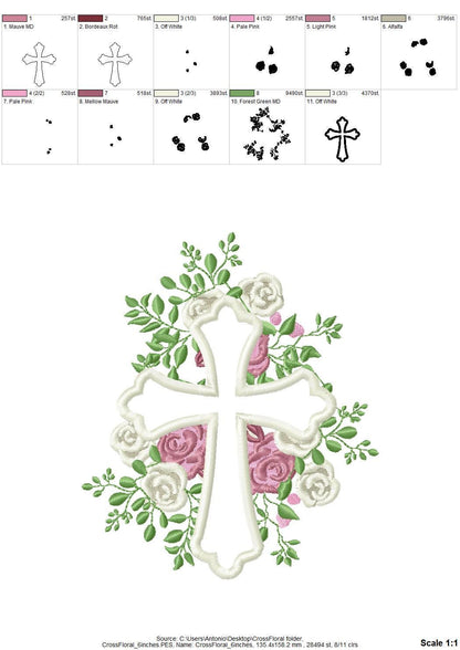 Floral Rose Cross Outline Applique