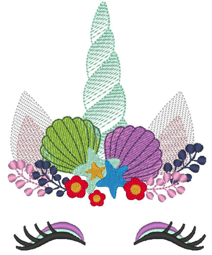 Summer mermaid Sketch stitch Unicorn head with shell and stars crown