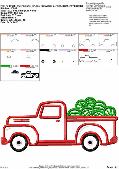 Summer farm Vintage station wagon Red Truck with watermelons Applique
