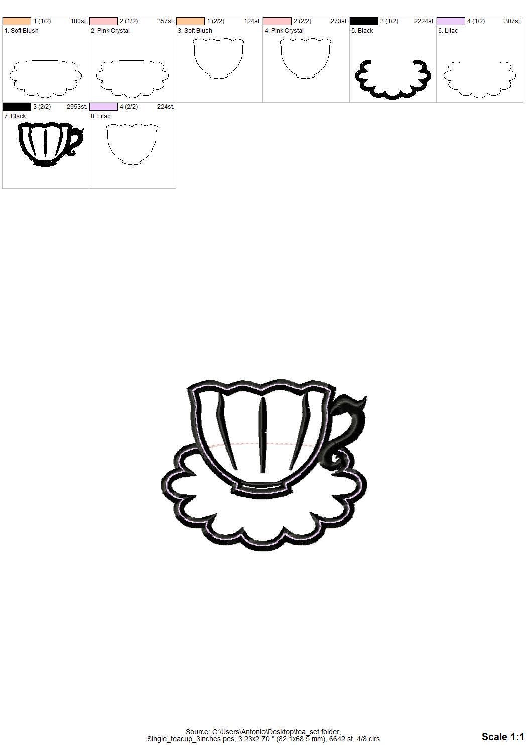 Tea Party Teapot and Stacked teacups Applique SET of 7 types curved