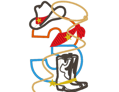 Little Cowboy Birthday Number 3 THREE wide satin stitch Applique