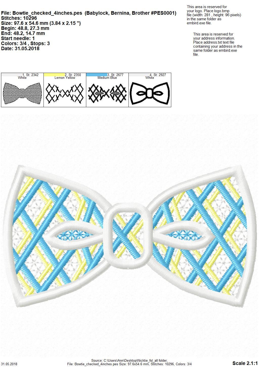 Checked Lace little boy Bow Tie FSL Freestanding machine embroidery