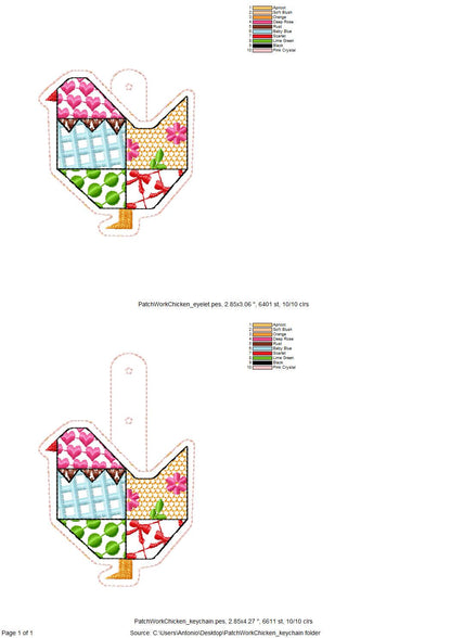 Patchwork Folk Chicken 2 types Eyelet and Key Fob snap tab ITH in the