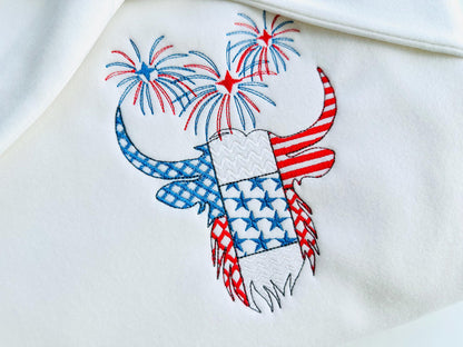 Patchwork Highland Cow Bull farm animal patterned outline and Fireworks