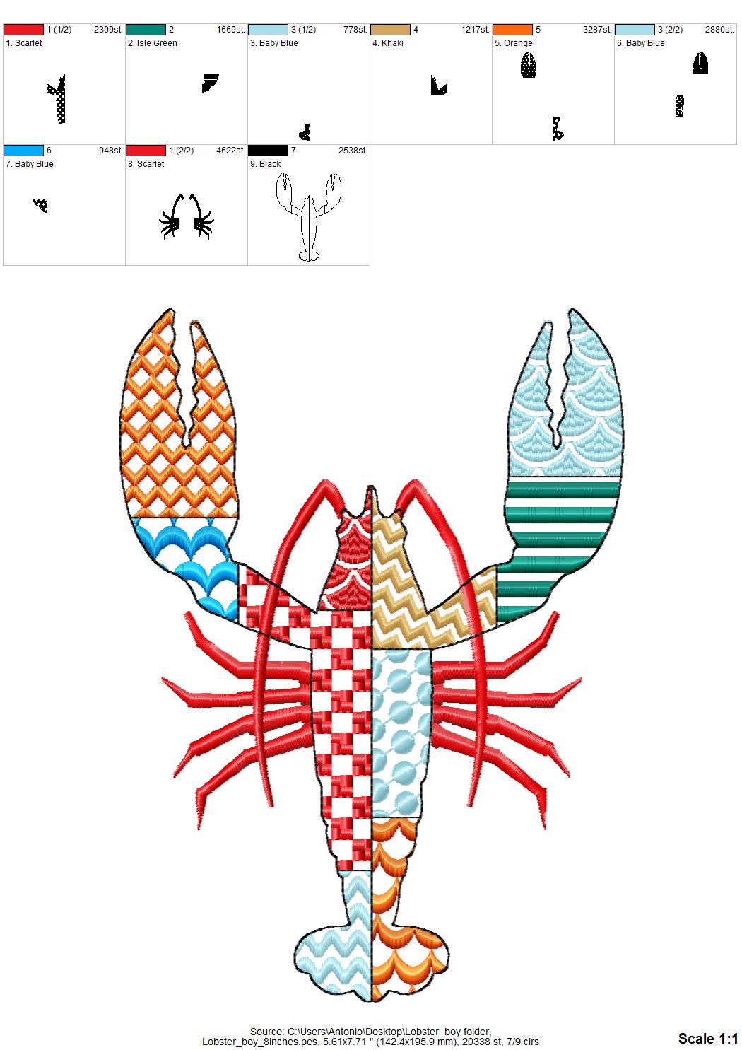 Patchwork Lobster Crawfish patterned sea ocean fish outline boy machine