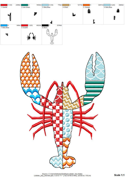 Patchwork Lobster Crawfish patterned sea ocean fish outline boy machine