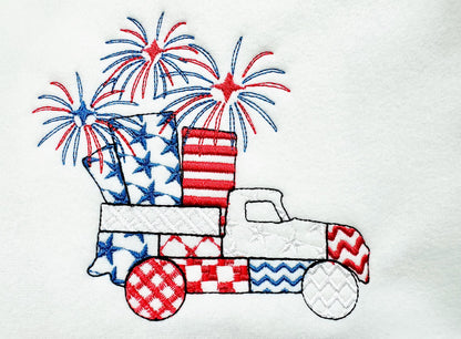 Patriotic Patchwork Red Truck with Fireworks patterned Truck outline