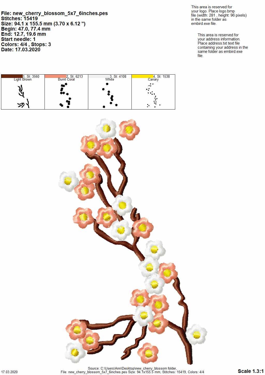 Cherry Blossom mini for embroidery hoops 4x4, 5x7 and 6x10