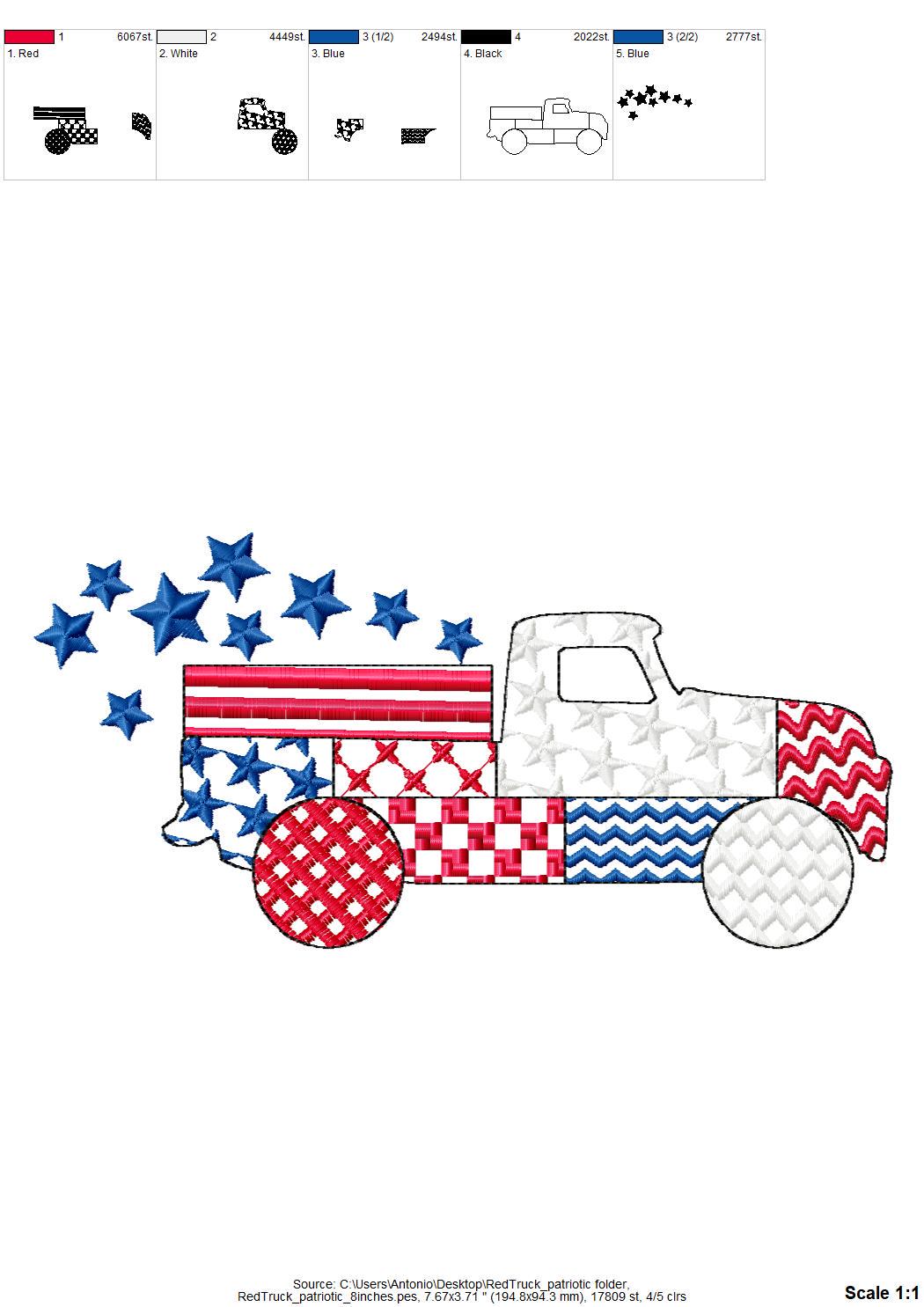 Patriotic Patchwork Red Truck with Stars patterned Truck outline
