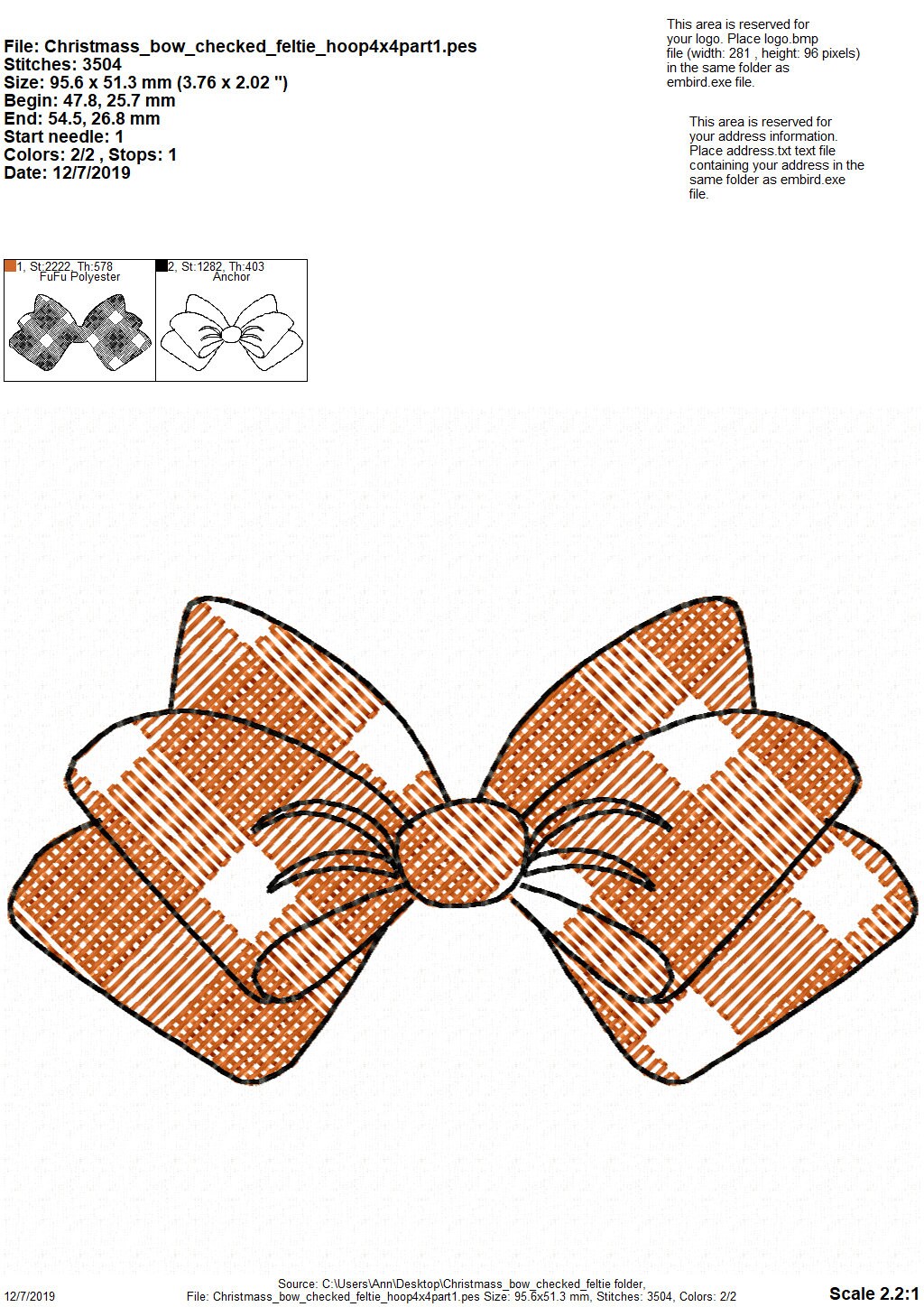 Plaid Christmas Bow 3D Feltie