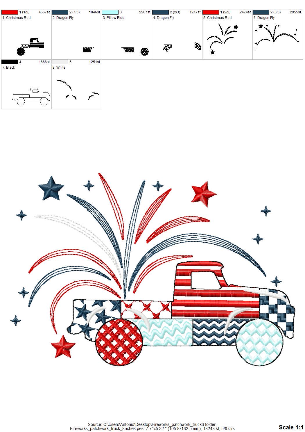 Patriotic Fireworks Patchwork Red Truck