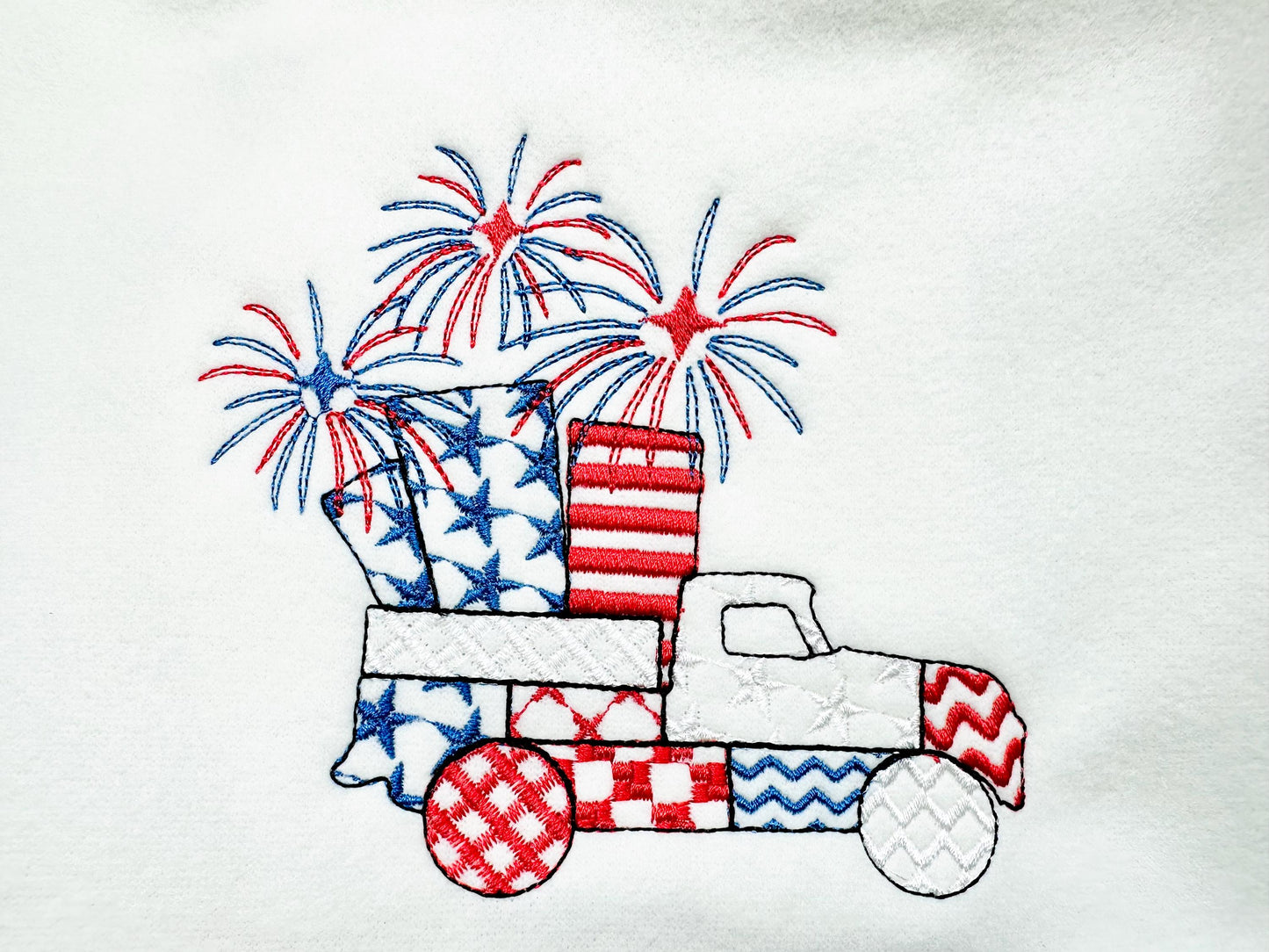 Patriotic Patchwork Red Truck with Fireworks patterned Truck outline