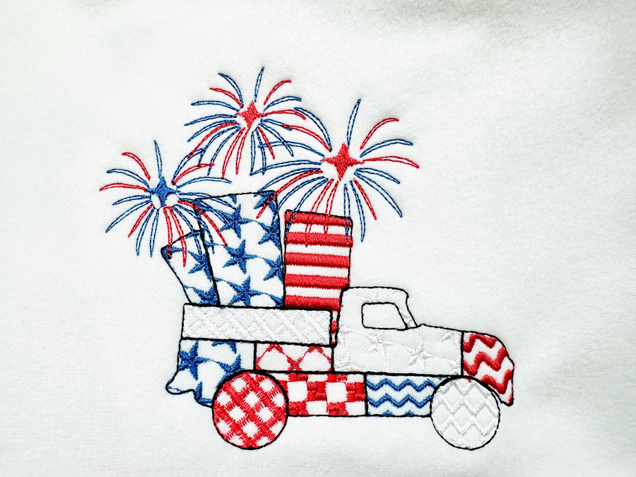 Patriotic Patchwork Red Truck with Fireworks patterned Truck outline