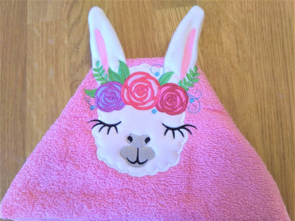 Hooded Towel Llama with Rose Crown