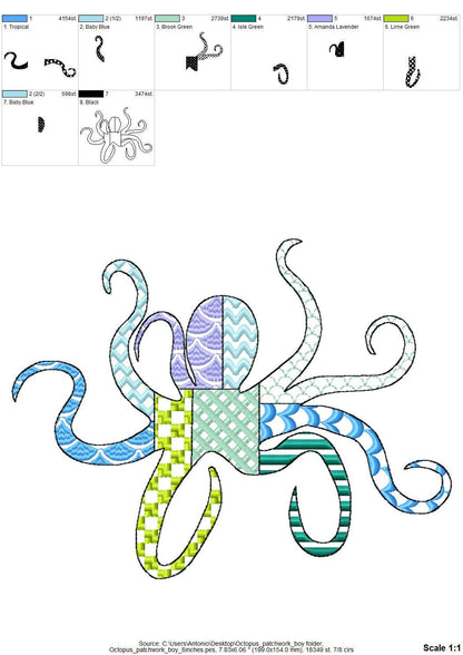 Patchwork Octopus patterned sea ocean fish animal Tentacles outline