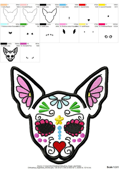 Chihuahua Sugar Skull applique design, dog skull embroidery, 4x4, 5x7