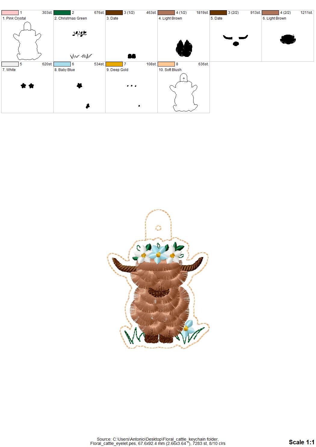 Floral Highland Cow Bull Keychain