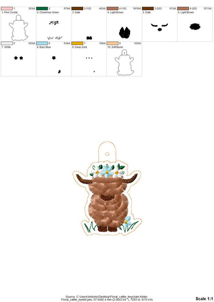 Floral Highland Cow Bull Keychain