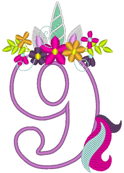 Floral Unicorn with Tail Birthday Numbers Applique