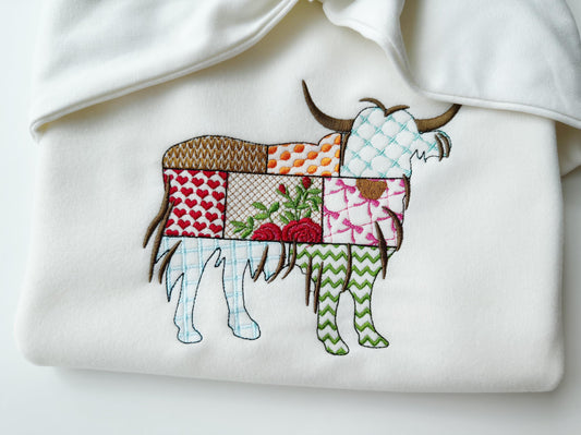 Patchwork Highland Cow patterned Cow silhouette machine embroidery