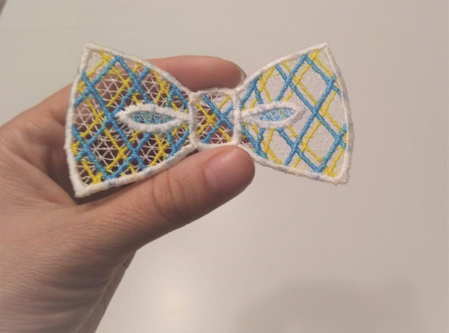 Checked Lace little boy Bow Tie FSL Freestanding machine embroidery