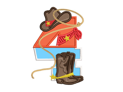 Little Cowboy Birthday Number 4 FOUR wide satin stitch Applique machine
