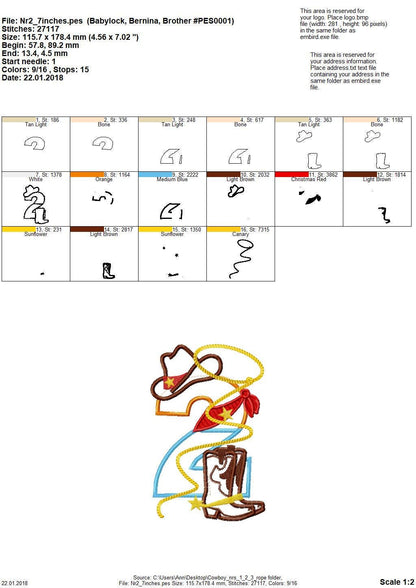 Little Cowboy Birthday Number 2 TWO wide satin stitch Applique machine