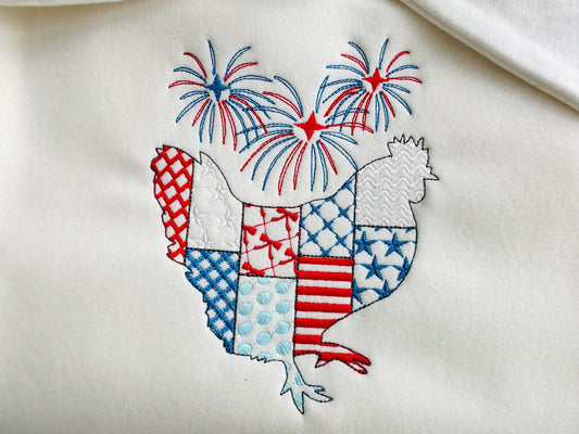 Patchwork Farm Chicken silhouette outline and Fireworks patterned