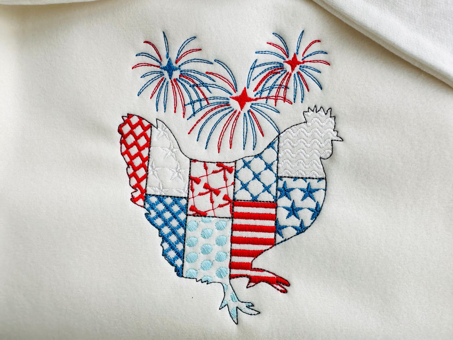 Patchwork Farm Chicken silhouette outline and Fireworks patterned