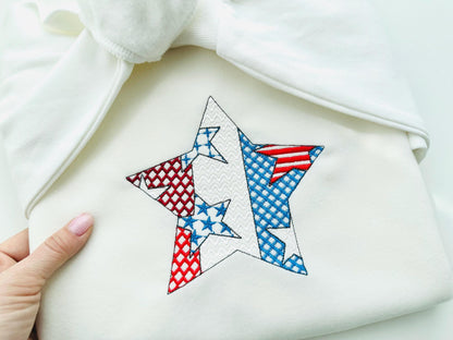 Patchwork Patriotic Star outline US flag stars and stripes patterned