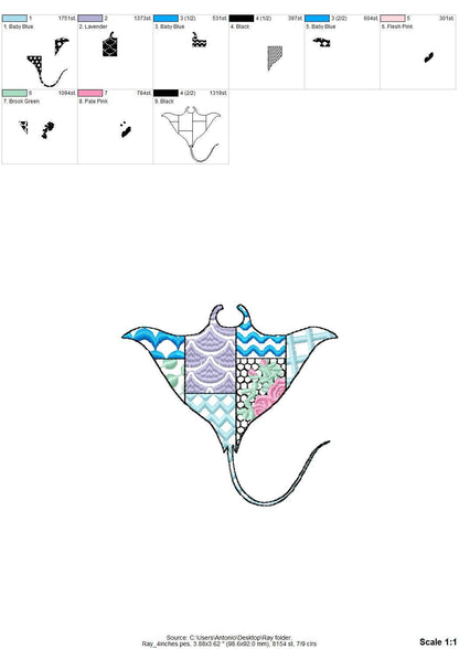 Patchwork Ray patterned sea life ocean animal Skate fish outline