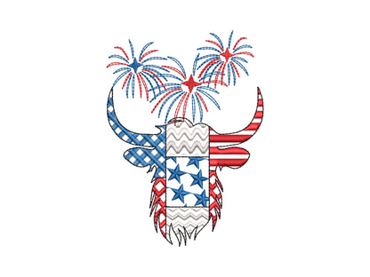 Patchwork Highland Cow Bull farm animal patterned outline and Fireworks