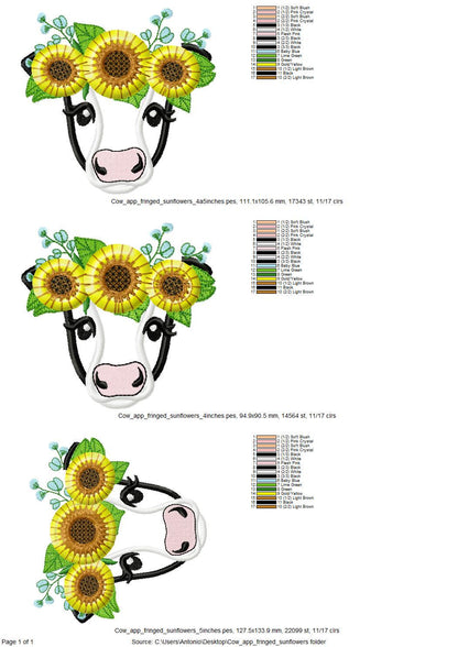 Fringed Sunflower Cute Cow Applique