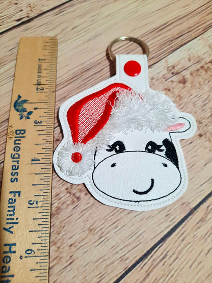 Fringed Cow Santa Hat Keychain