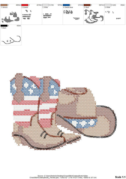 Cross stitch Cowboy Boots and Hat USA flag patterned patriotic 4th of