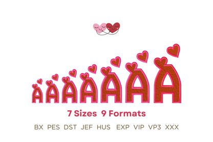 Heart Monogram FONT fill stitch and satin outline alphabet SET of 2
