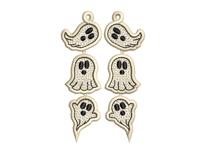 Spooky Ghosts in a row dangle Earrings ITH in the hoop FSL freestanding