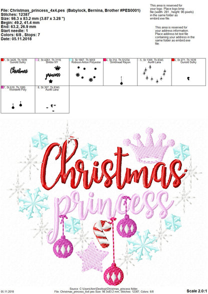 Christmas Princess machine embroidery designs 4x4 5x7 6x10 Santa,