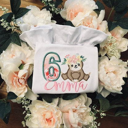 Sloth with floral crown wreath of flowers applique machine embroidery