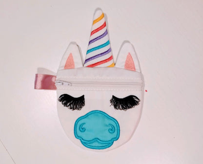 Unicorn zipper bag In the hoop, ITH Unicorn head with fringe lashes
