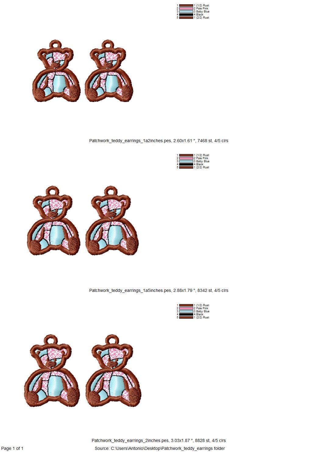 Patchwork Teddy Bear Earrings or Charm