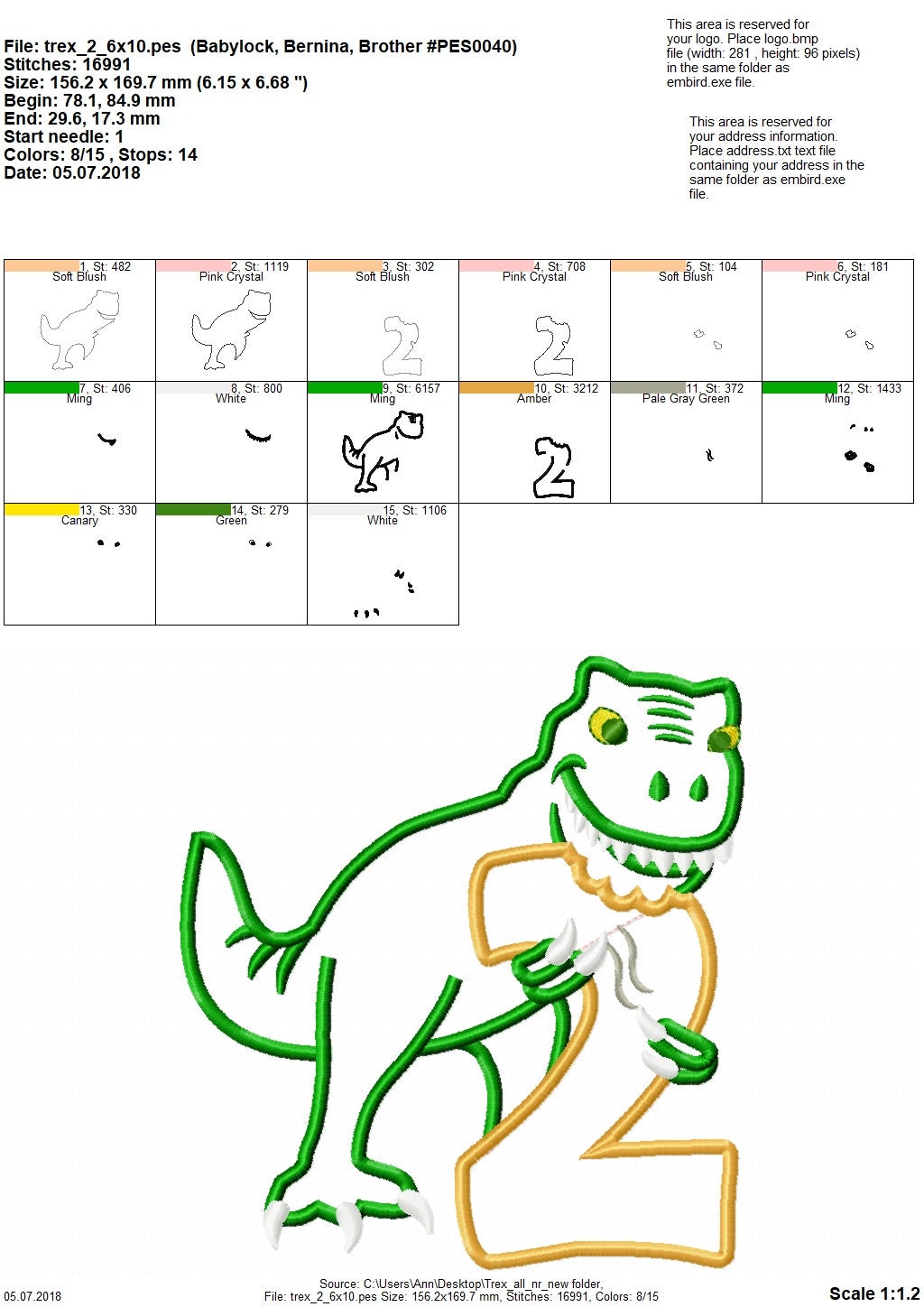 T-Rex Birthday Number Two Applique