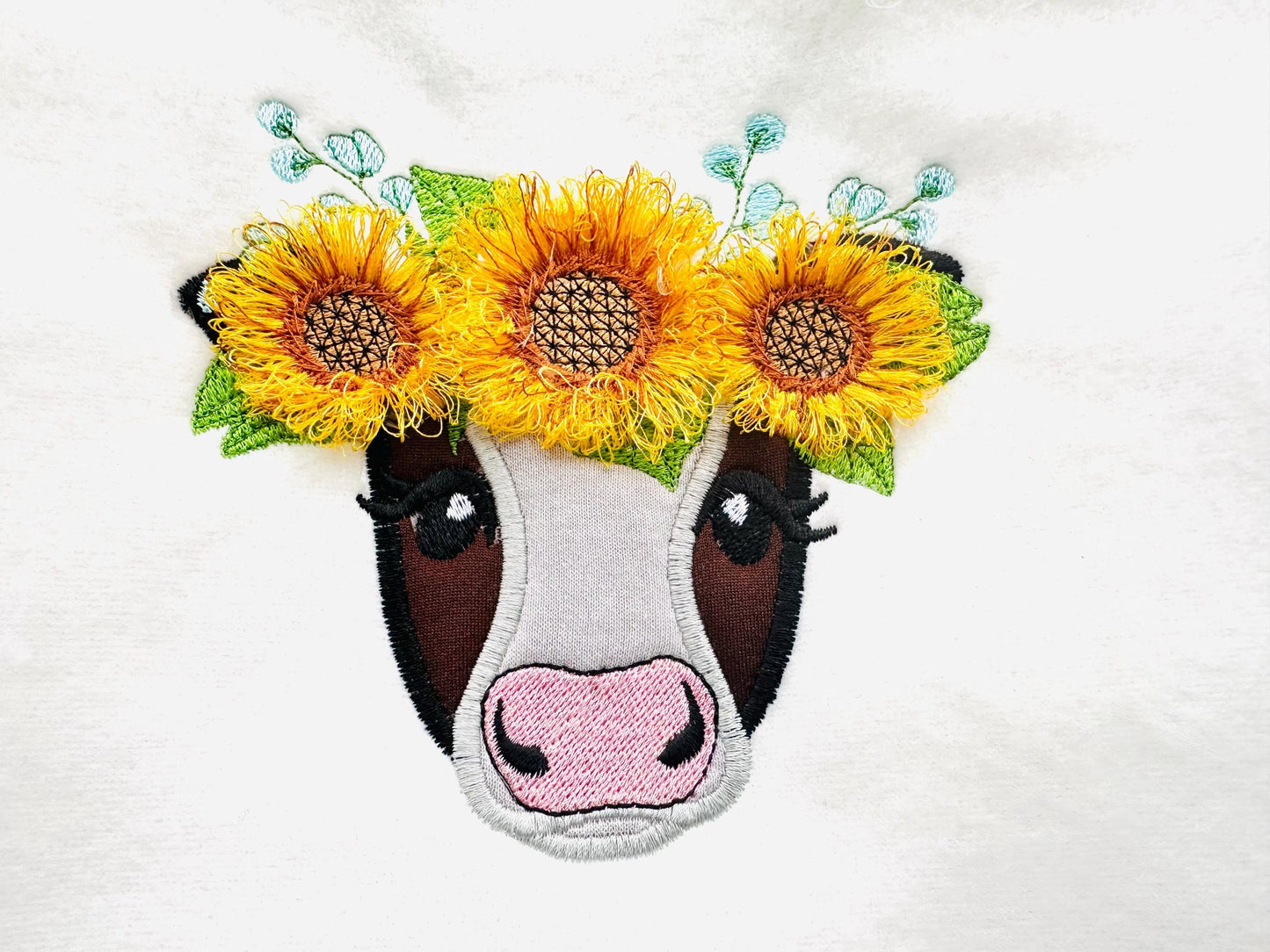 Fringed Sunflower Cute Cow Applique