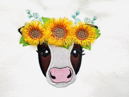 Fringed Sunflower Cute Cow Applique