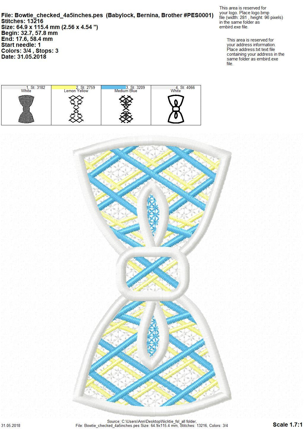 Checked Lace little boy Bow Tie FSL Freestanding machine embroidery