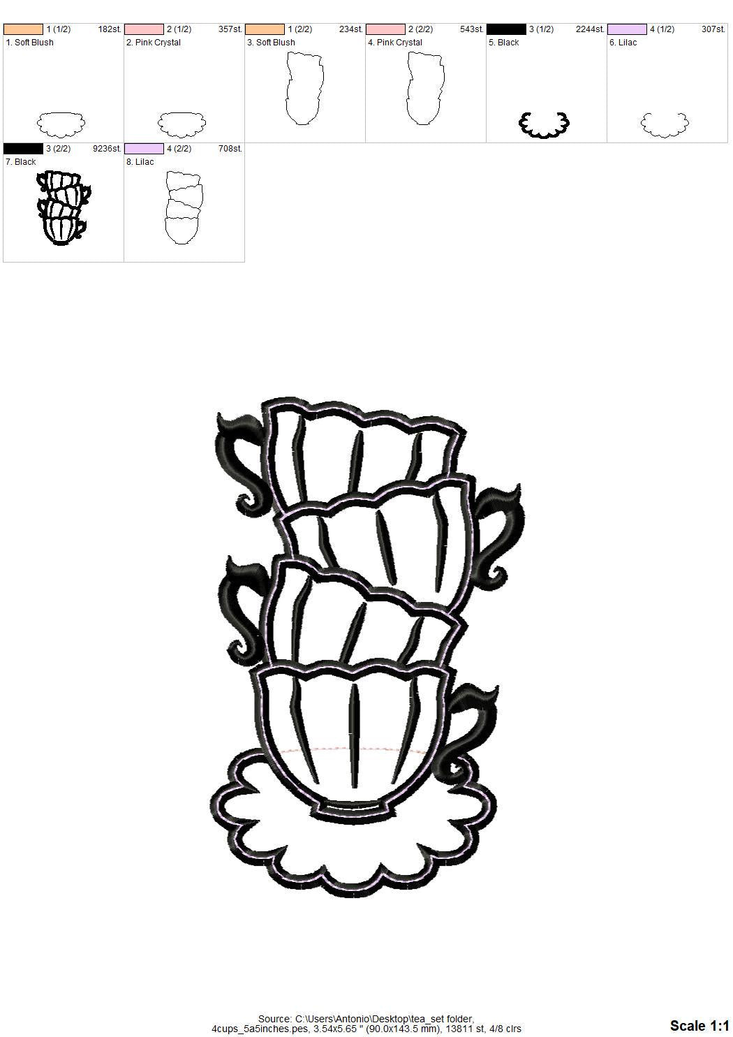 Tea Party Teapot and Stacked teacups Applique SET of 7 types curved