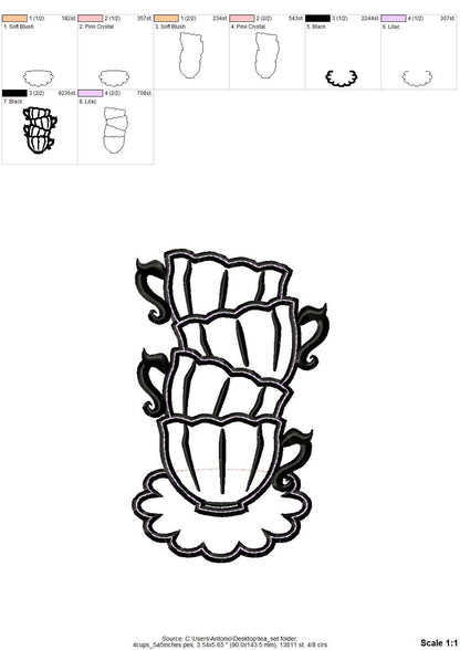 Tea Party Teapot and Stacked teacups Applique SET of 7 types curved