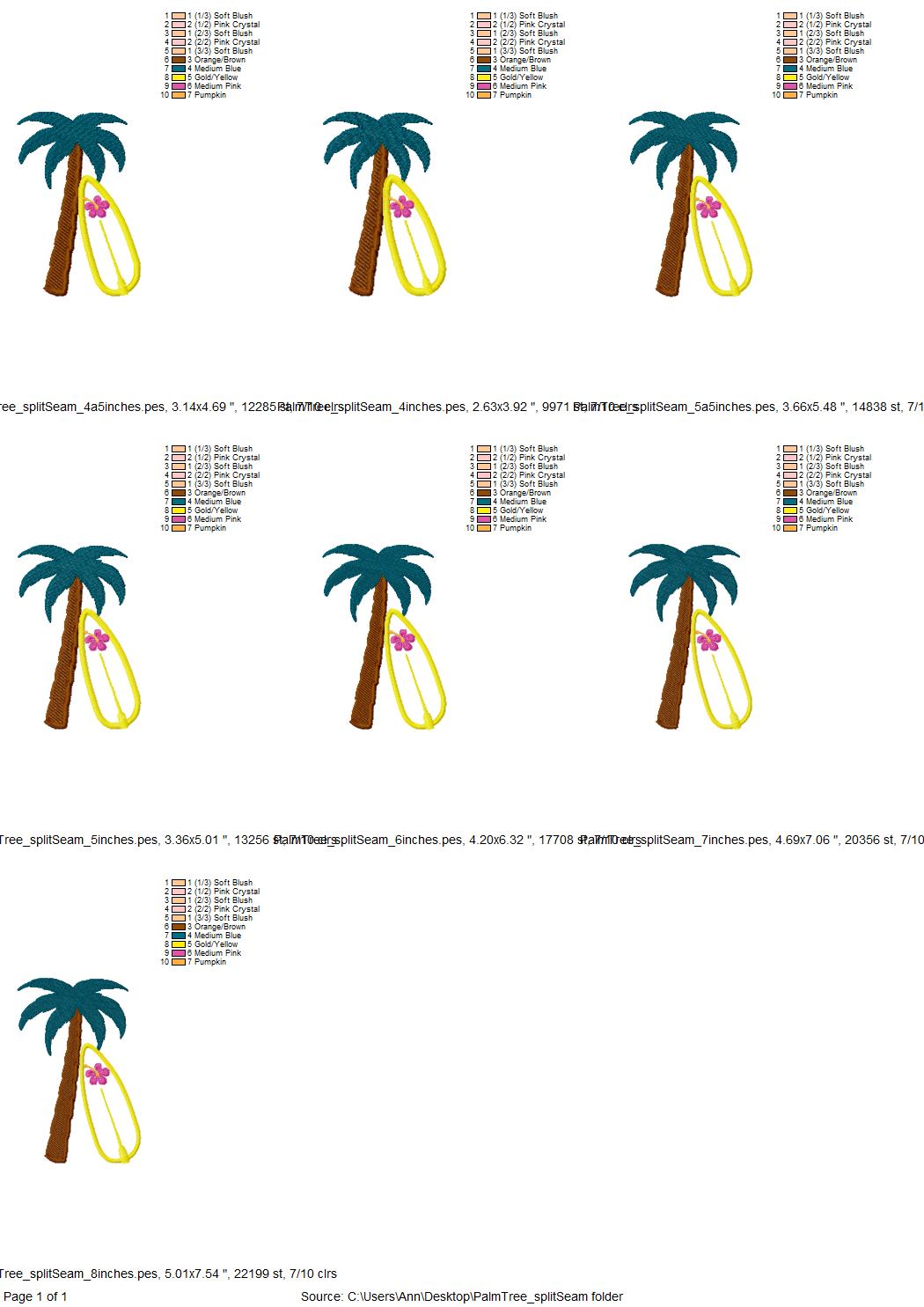 Summer Beach Palm and Surfing Board split seam cutout side bow Applique